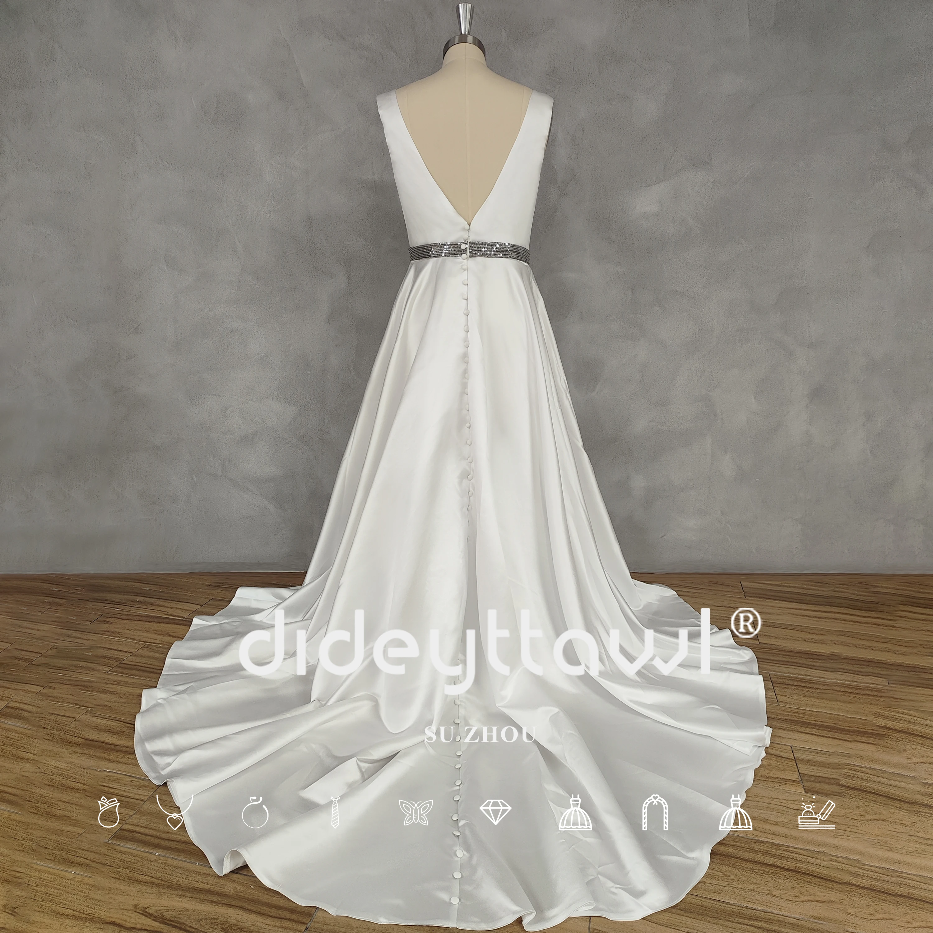 DIDEYTTAWL Real Picture Deep V-Neck Sleeveless Satin Wedding Dress Rainestone Open Back High Side Slit Bridal Gown