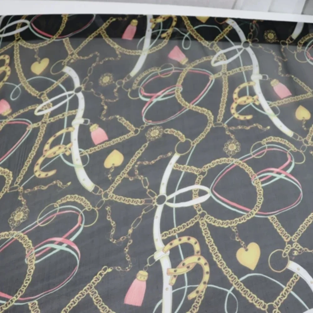 Unique Gold Chain Digital Printing Hot Sales Breathable Silk Chiffon Fabric for Lady Girls Dress Saree Clothes Hijab Veil Lining