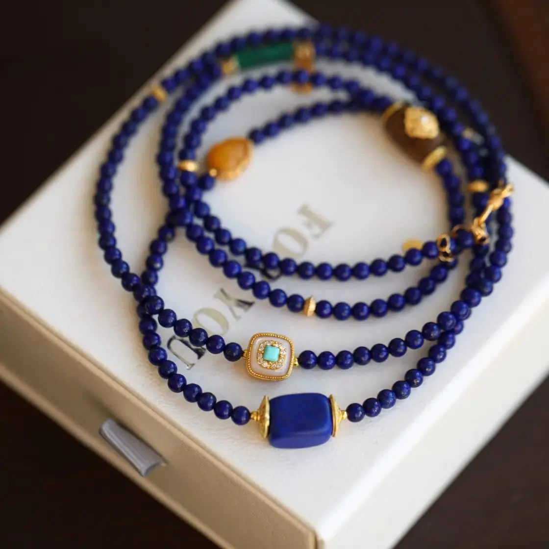 Natural Crystal Quartz Lapis Lazuli Long Beaded Chain With Gilded Beeswax Turquoise Calabash Women Jewelry