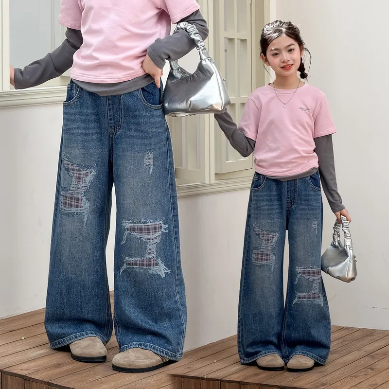 New Kids Designer Destroy Ripped Jeans with Plaid for Teen Girl Broken Hole Denim Pants Child Fashion Street Jeans Trousers