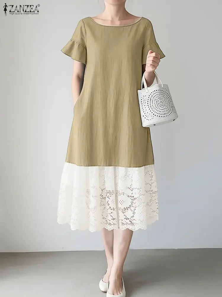 

ZANZEA Denim Patchwork Dress Women Lace Sundress Fashion Solid Short Seeve Vestidos 2025 Summer Casual Loose O Neck Robe Femme