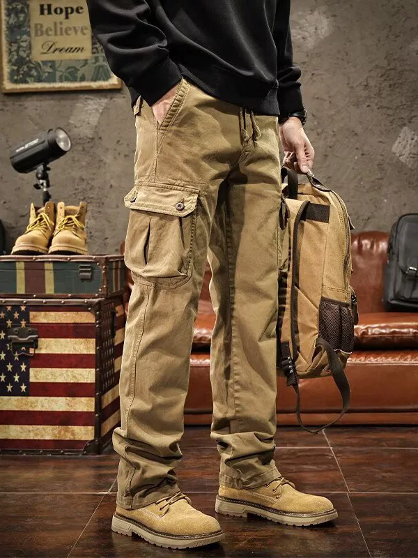 Retro American Straight Leg Work Pants Men's Spring Autumn New Outdoor Casual Loose Pure Cotton Men's Loose Fit Trousers