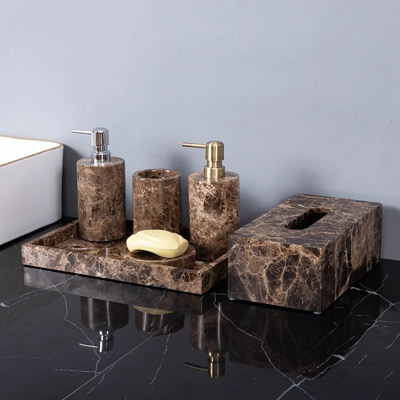 Wholesale Customized Emperador Dark Natural Marble Stone Bathroom Set Deep Brown Toothbrush Holder Soap Dish Dispenser Kit