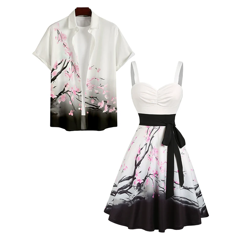 

Комплект для пары Dressfo, женское платье с цветочным принтом и вырезом в форме сердца, рюшами и поясом на груди, мужская рубашка на пуговицах, Гавайский наряд
