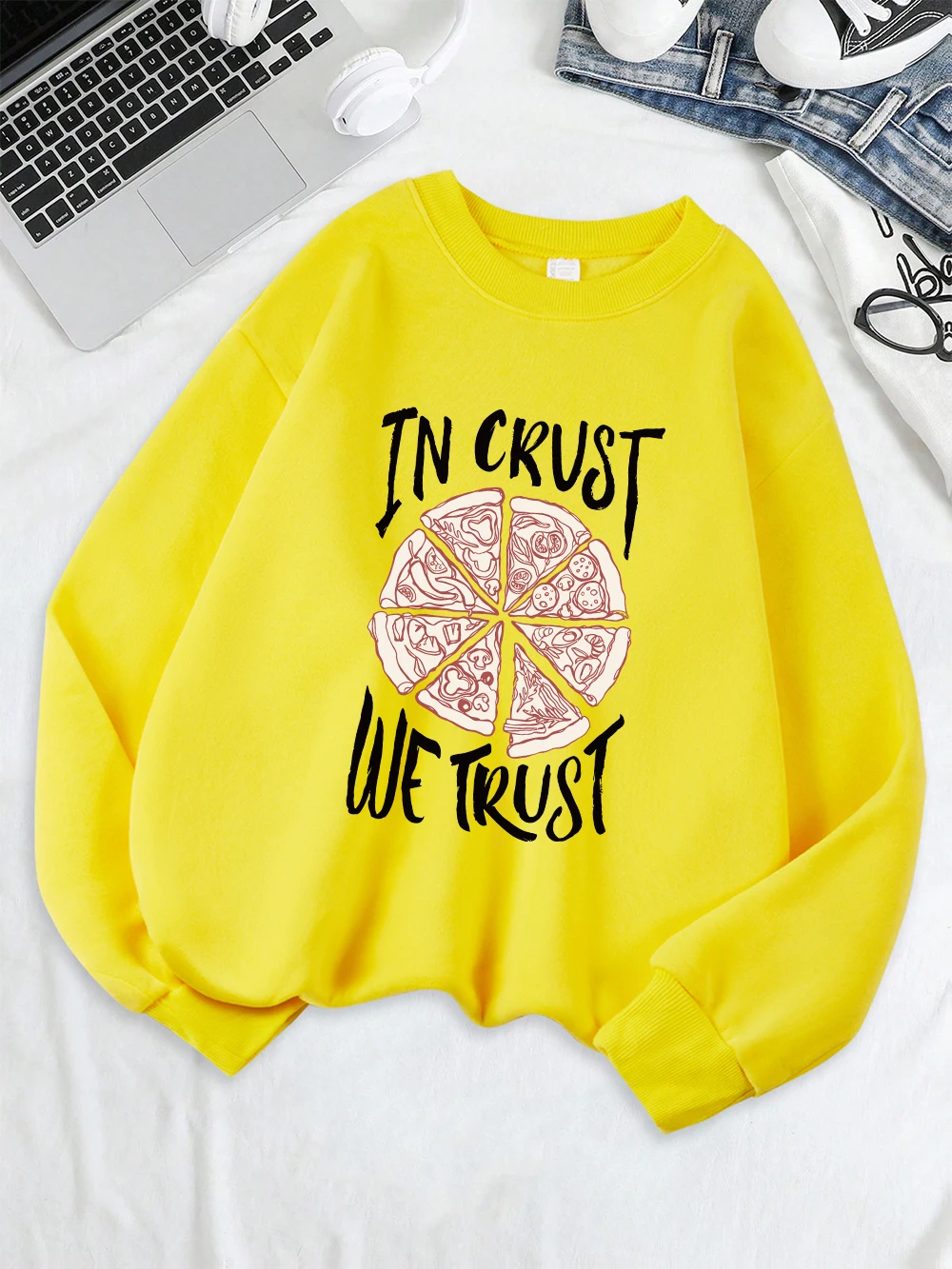 In Crust We Trust Printing Sweatshirts Women Winter Fleece Warm Hoodies Crewneck Loose Pullover Basics Sporty Womans Clothes