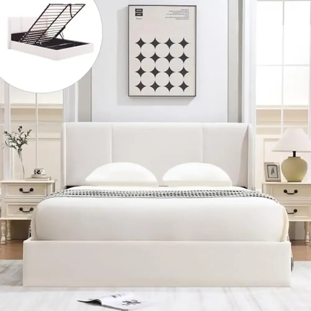 

Queen Size Upholstered Lift-Up Storage Bed with Modern Wingback Headboard & Hydraulic Support Bars Fabric Platform Bed Ample