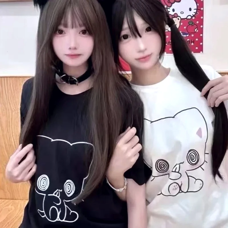 Japanische Subkultur Cartoon-Katzen-Print T-Shirts Sommer Beliebte Harajuku Langarm-Shirts Damen Lässige Süße Oberteile Ästhetische Kleidung