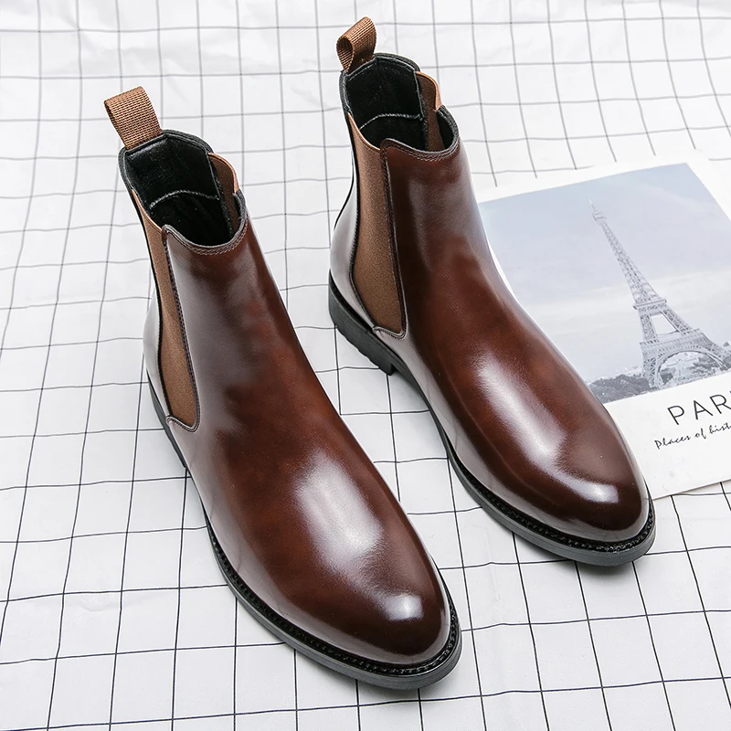 Luxury Men Chelsea Boots Elastic Band Slip on Round Toes Casual Leather Men Shoes Comfortable High Top Boots Party Wedding Shoes