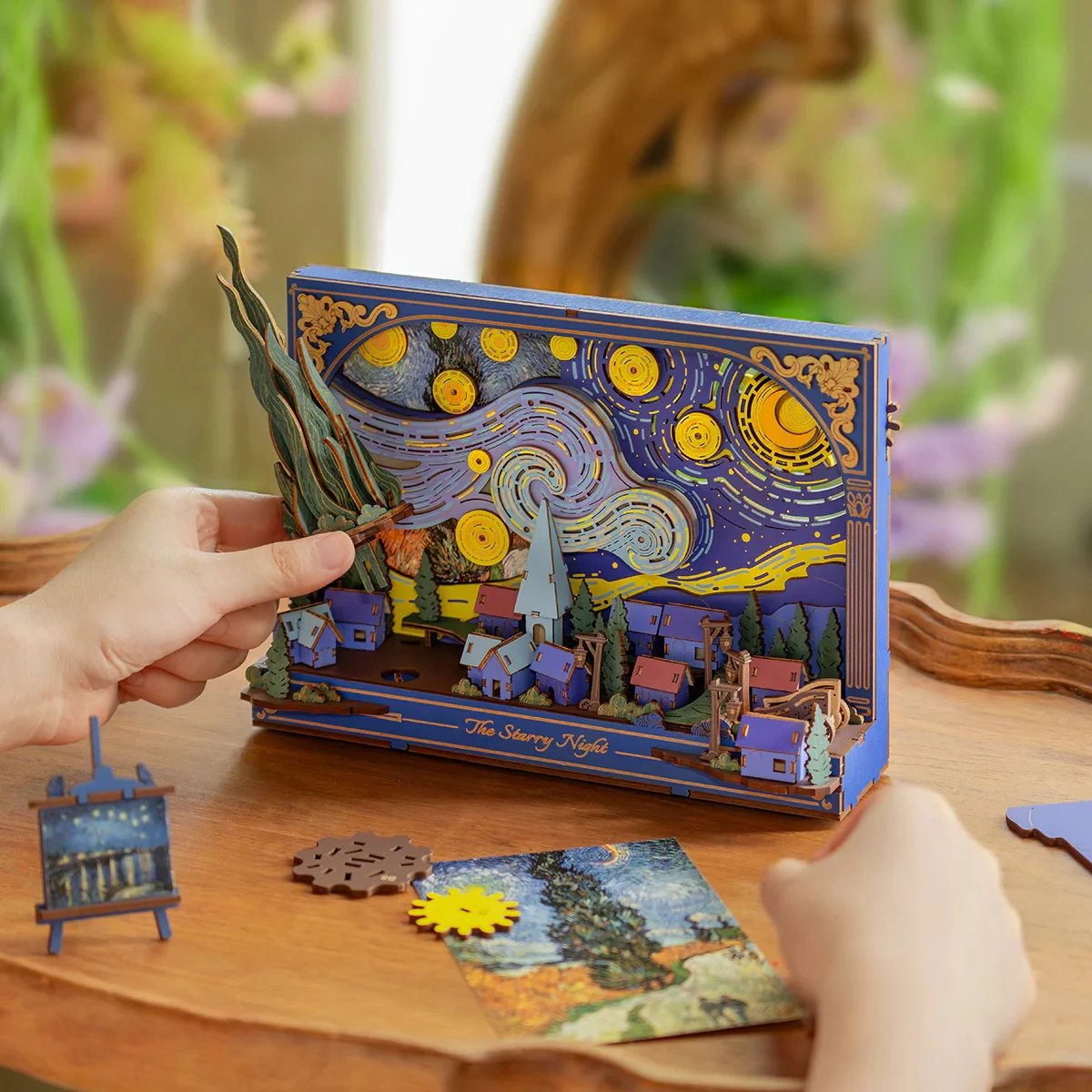 Robotime The Starry Night Wall Art Puzzle in legno 3D in movimento con ingranaggi luminosi a LED Decorazione da scrivania interattiva Regalo unico fai da te per adulti