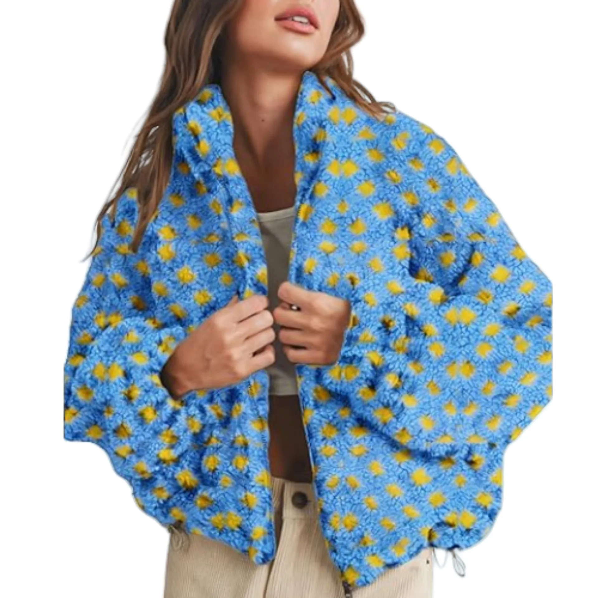 Autumn Winter Fashion Lapel Woolen Jacket Coat Women Zip Up Checkered Cropped Going Out Jacket Teddy Fluffy Casual Y2K Outerwear