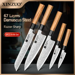 XINZUO 5PCS Kitchen Chef Knives Set 10Cr15CoMoV Steel Core Damascus Stainless Steel Meat Cleaver Bread Slicer Santoku Knife