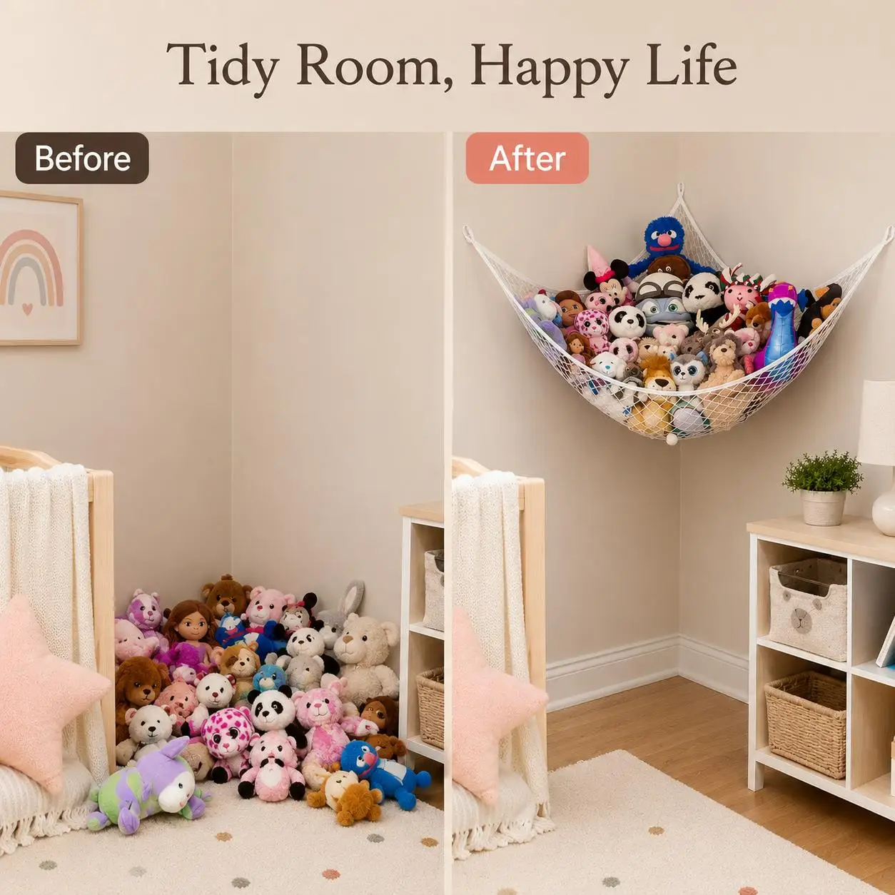 Mesh Toy Storage Hammock Hanging Stuffed Animal Organizer Net Large Space-Saving Wall Corner Holder Hollow-Out Room Decor for Kids Bedroom Nursery Playroom Easy Install Plush Toys Display view 8