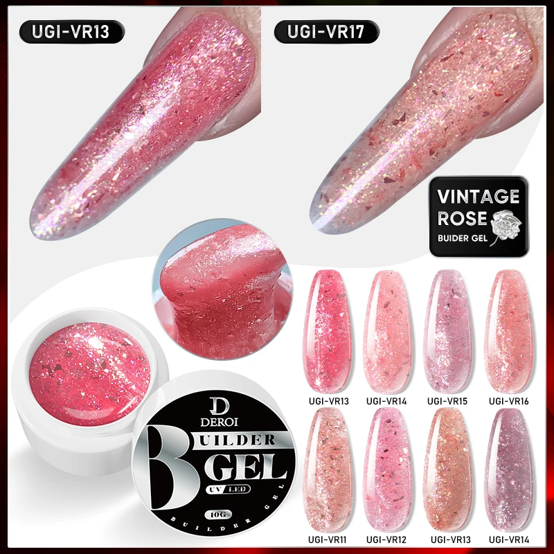 

DEROI 10ml UV Rose Pink Poly Nail Gel Polish with Sequin Hard Gel Varnish Strengthener Building Shine Extension for Manicure