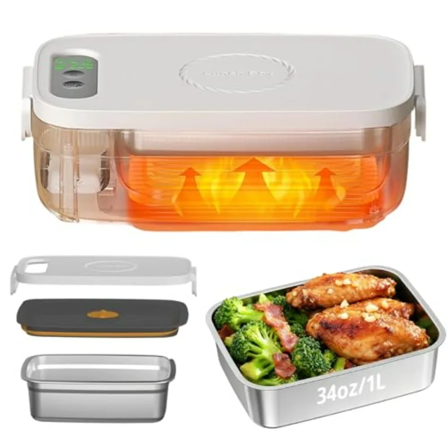 

Cordless Electric 34oz/1L Heated Lunch Box for Adults with Timer Adjustable Heating 14000mAh Rechargeable Portable Food Warmer