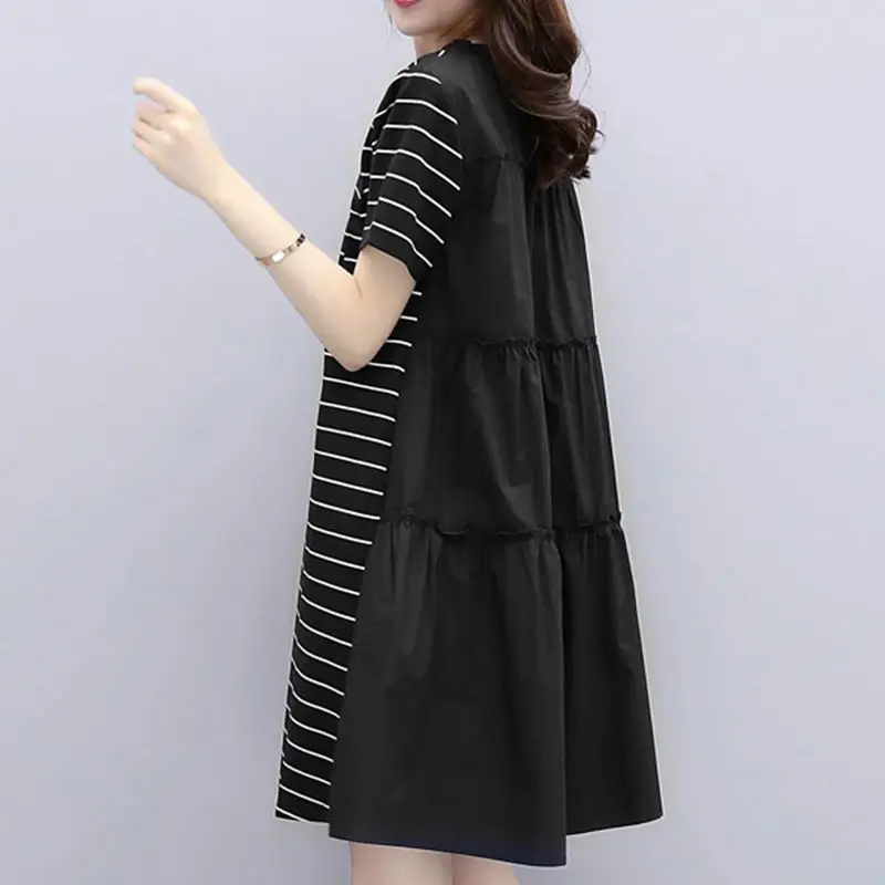 Women's Crew Neck Pullover Summer Striped Solid Patchwork Shirring Pleated Short Sleeve Casual Loose Elegant Office Lady Dress