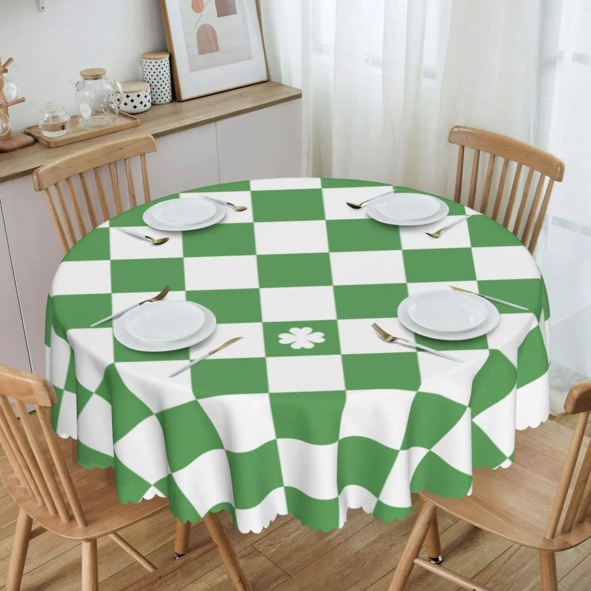 Custom Checkerboard  Four Leaf Clover In Green Round Tablecloths 60 Inches Saint Patrick Day Table Cover for Dining Table Cloth