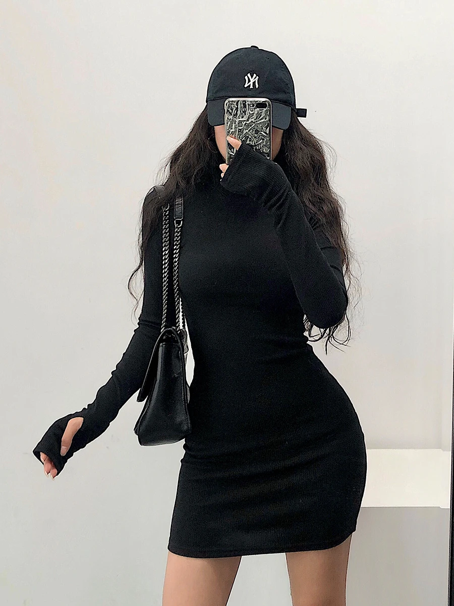 YoungGirlDay Seksi Dar Kesim U - Bodycon Long Sleeve Ribbed Dress incelemesi ve fiyatı