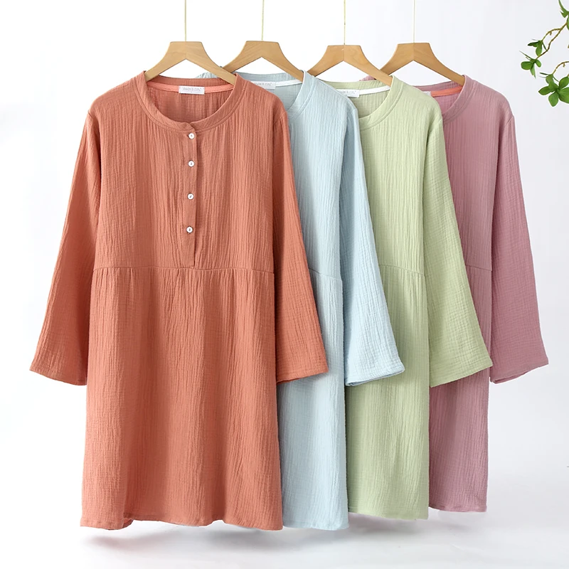 Spring and Autumn Women\'s Long Sleeve Nightdress 100%Cotton Crepe Round Neck Button Solid Color Dress Home Dress Nightgown Dress