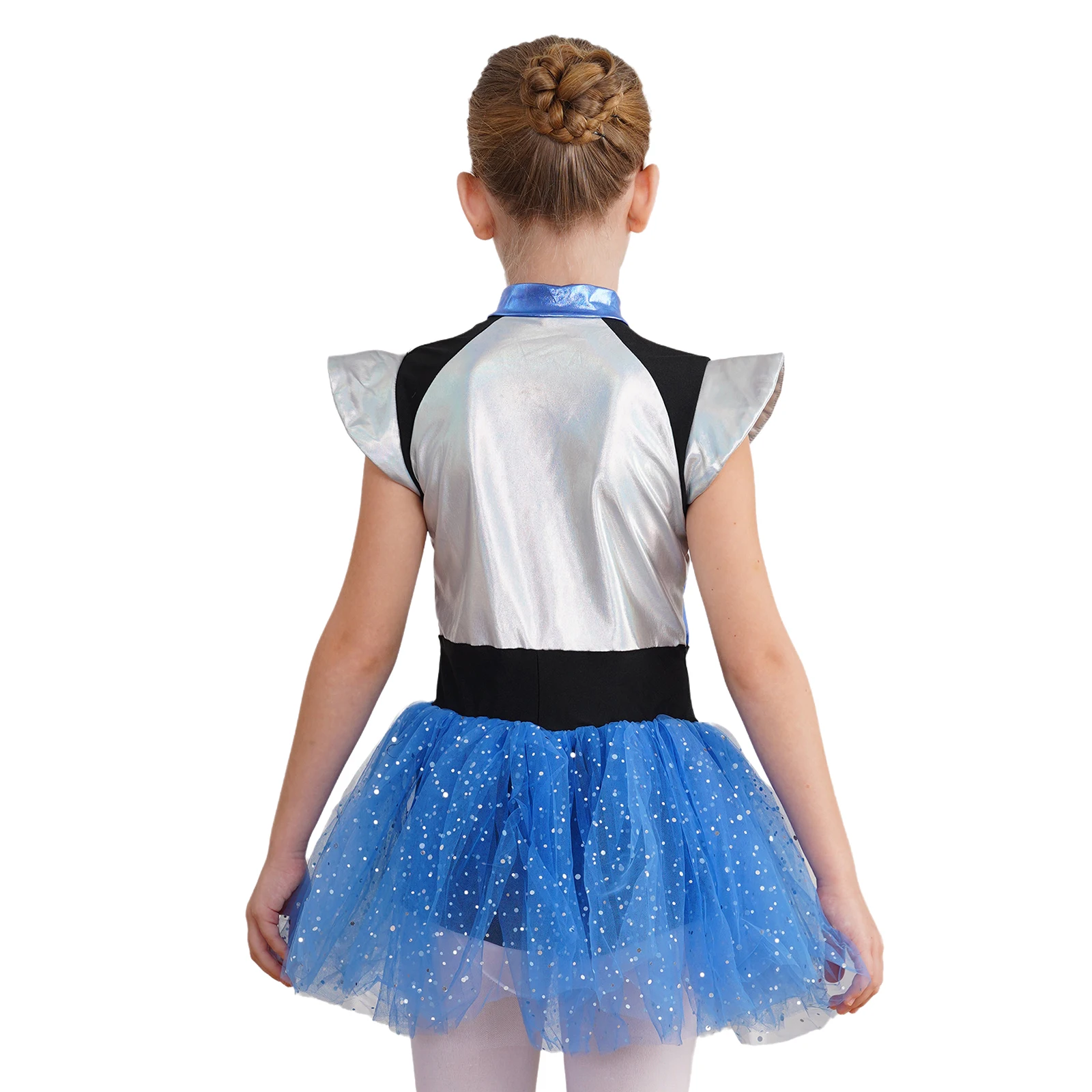 Kids Girls Alien Robot Astronaut Cosplay Costume Gymnastics Leotard Shiny Ballet Tutu Figure Skating Cheerleading Dress Bodysuit