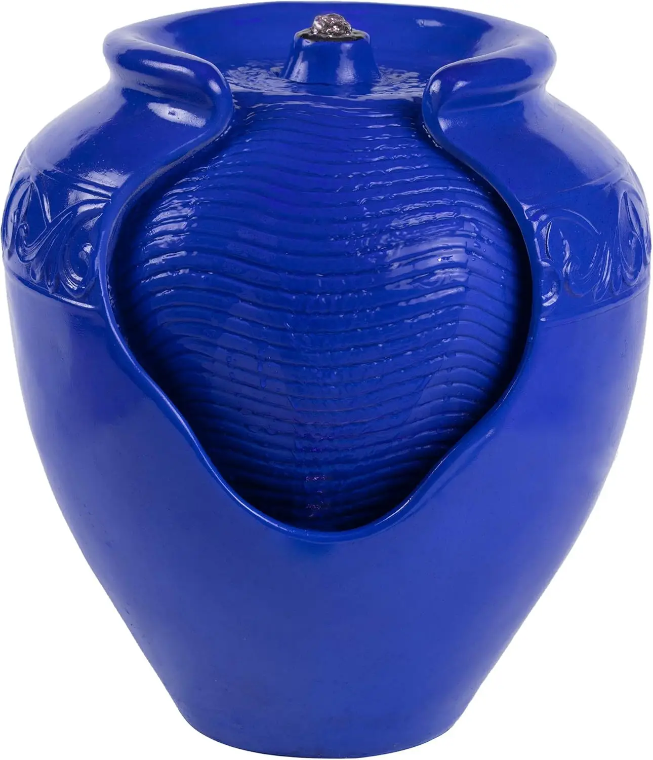 

Jar Water Fountain Indoor or Outdoor Ceramic Look Glazed Pot Resin Water Feature with Electric Pump and LED Lights Cobalt Blue