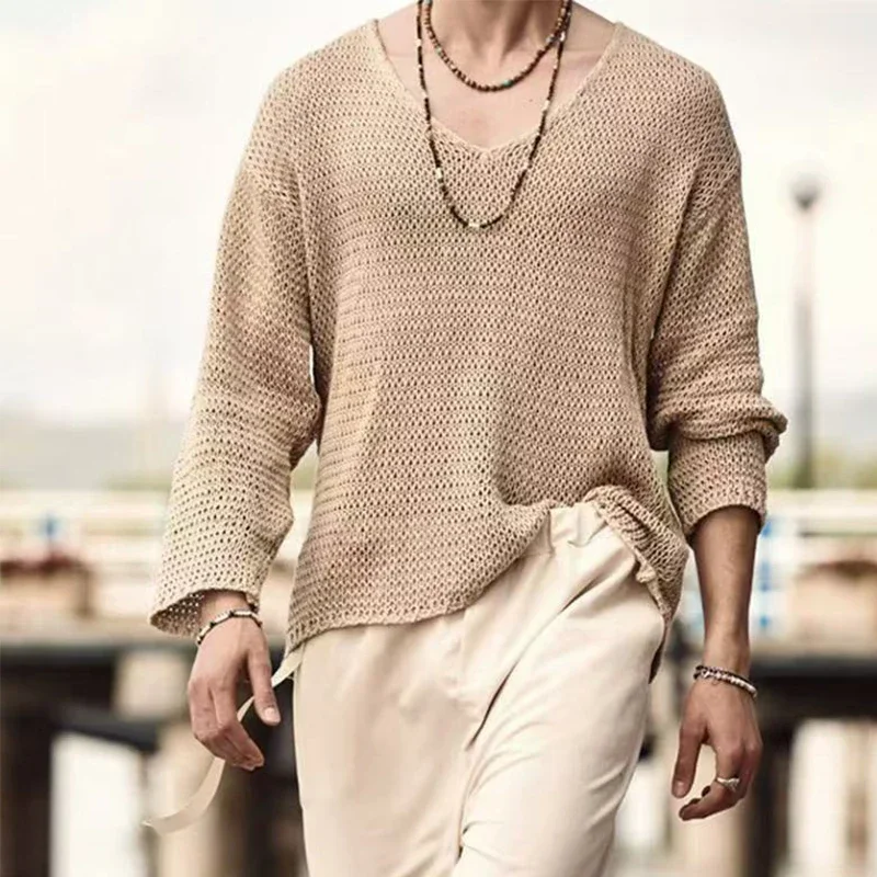 

Men's Loose Long Sleeve Casual Hollow Knitted Sweater 2025 Fashion Versatile Outer Shirt Casual Top