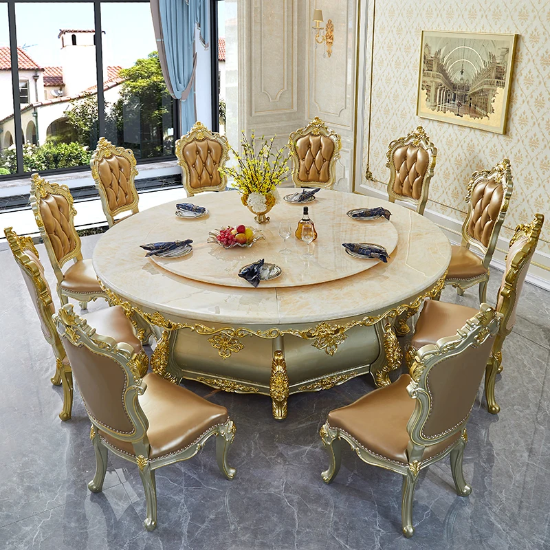 Marble dining table and chair combination circular solid wood dining table electric rotary table hot pot table villa hotel