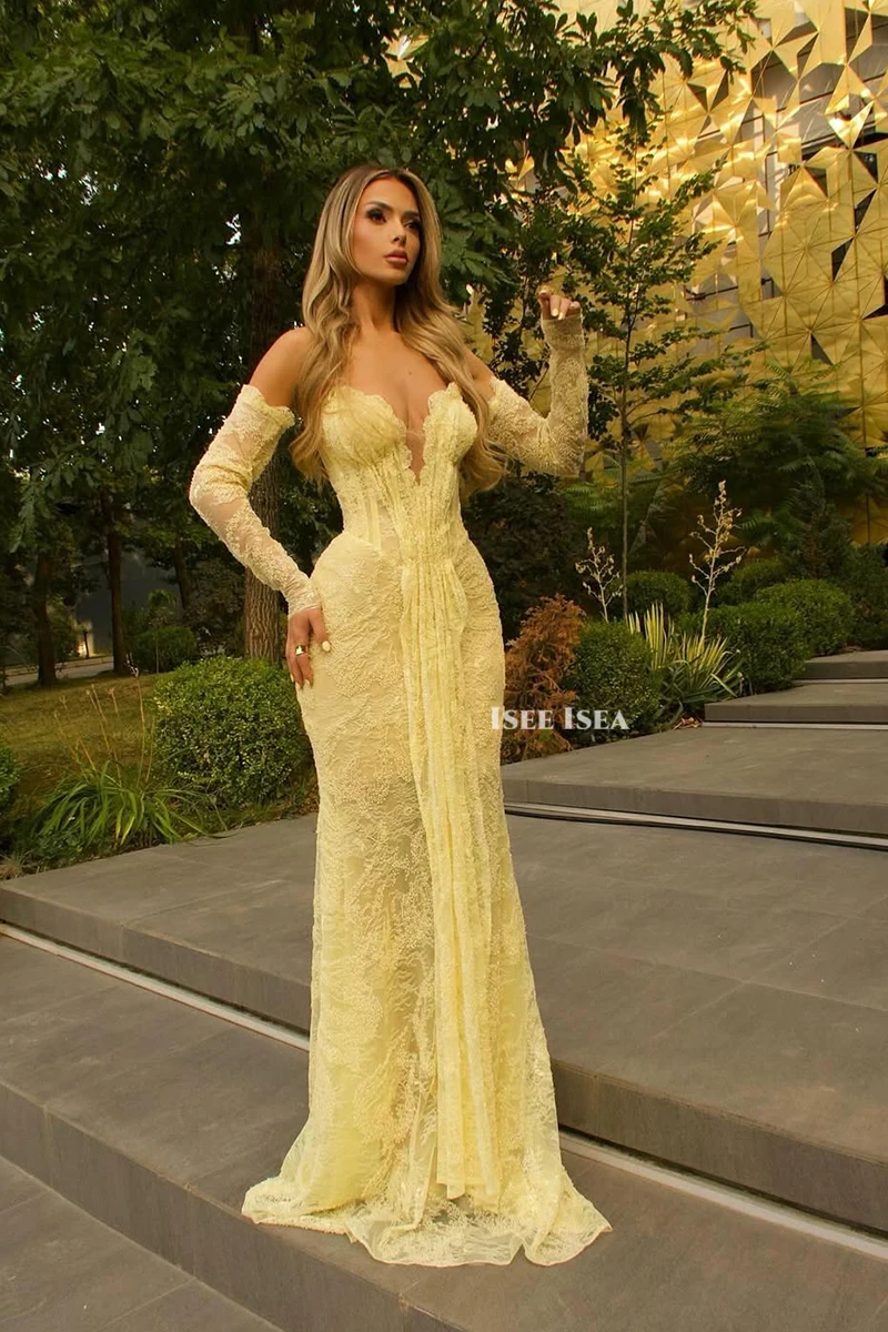 노란색 이브닝 드레스 여성 머메이드 레이스 디너 가운 민소매 여성용 드레스 바디콘 파티 프롬 갈라 드레스 맞춤 제작