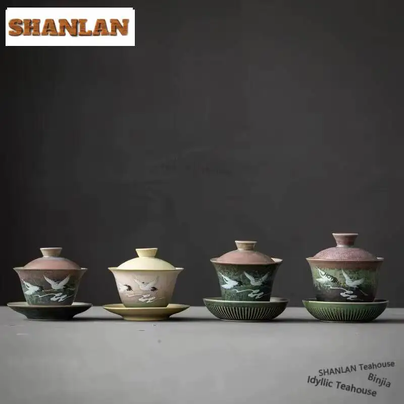 Chinese Kiln Change Gaiwan Antique Colorful Crane Three Talented Tea Tureen Japanese Tea Brewing Cover Bowl Tea Services Gift