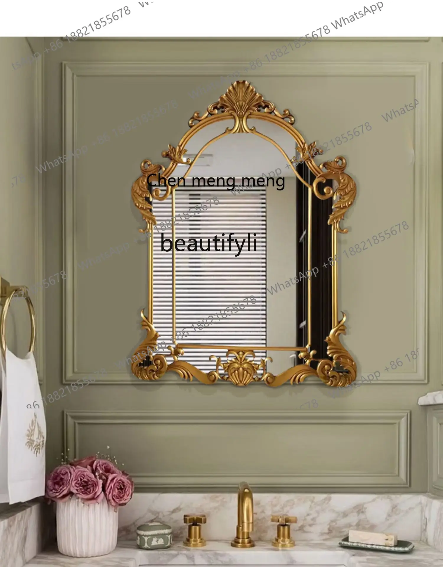 Französischer intelligenter Badezimmerspiegel im Retro-Stil, geschnitzter amerikanischer Badezimmerspiegel, Kamindekoration, Wandbehang, Kosmetikspiegel H