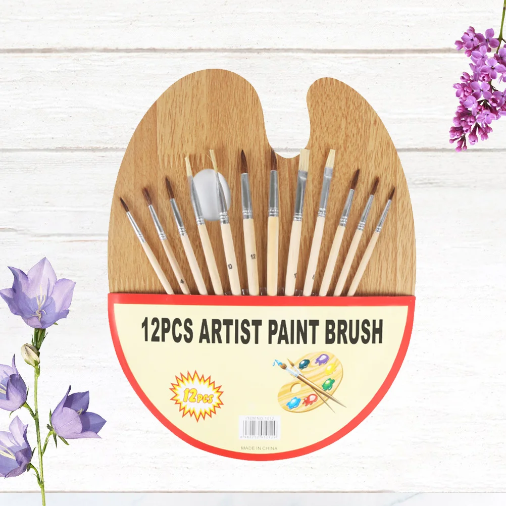 

13Pcs Wooden Painting Brush Set Safe Durable for Oil Watercolors 12 Brushes 1 Palette Tidy Wool Not Easy to Fade