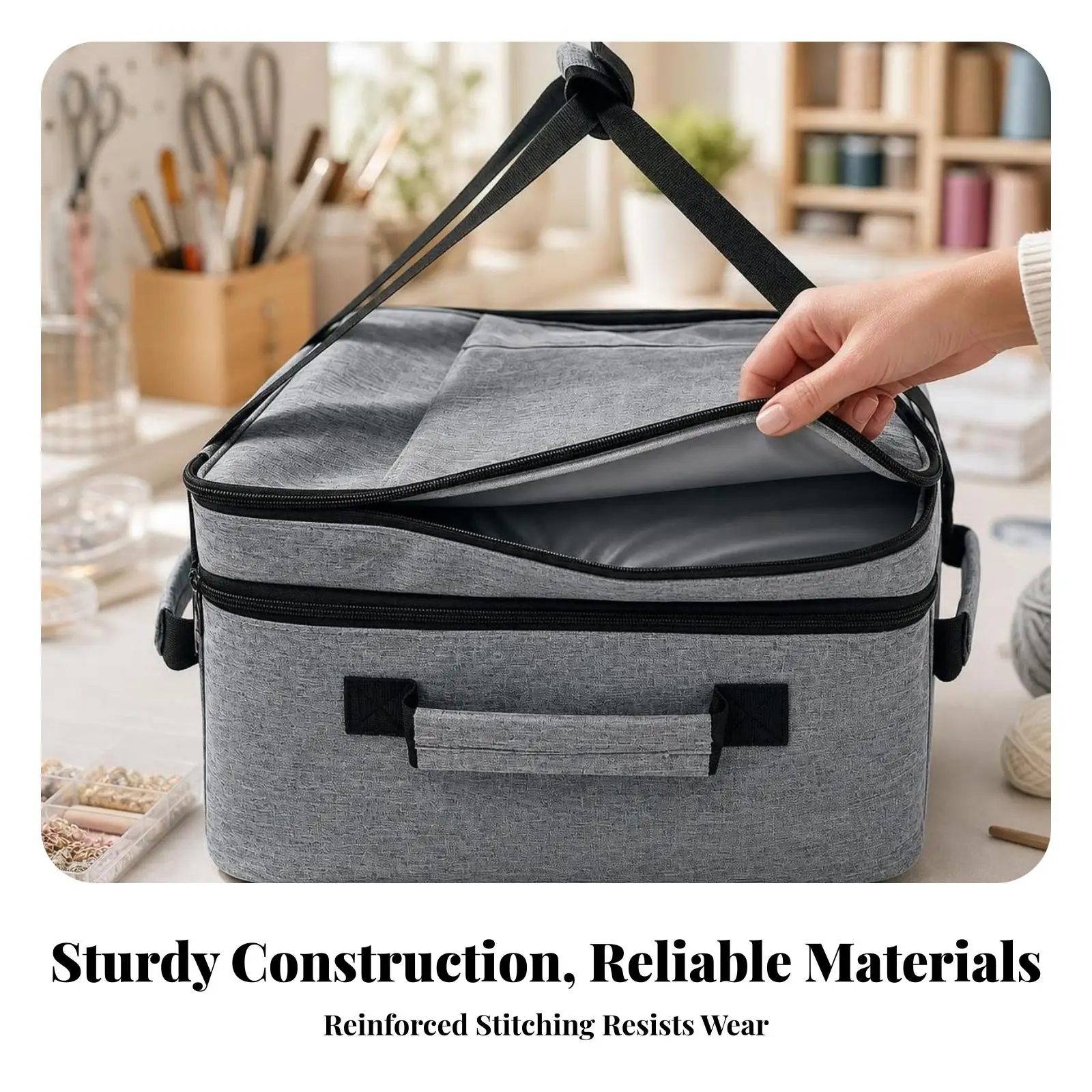 Heavy Duty Double Layer Nylon Pouch Bag for Craft Supplies with Reinforced Handles and Strap