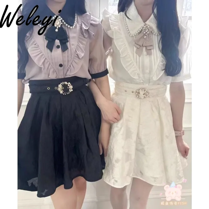 

Jirai Kei Clothes Kawaii Pearl Collar Flying Sleeve Lace Shirts Feminino Mine Series Mass-Produced Summer Short Sleeve Blouses