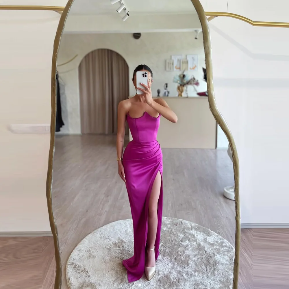 

Custom Made Hot Pink Satin Strapless Mermaid Evening Dress High Slit Formal Party Gown for Women