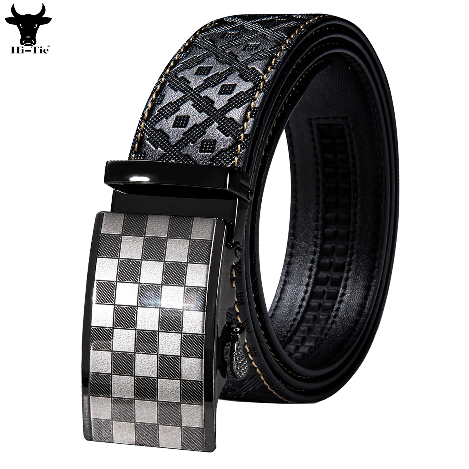 

Designer Black Leather Mens Belts Casual Formal Emboss Ratchet Strap Automatic Buckle Sliding Waistband Dress Jeans Belt for Men