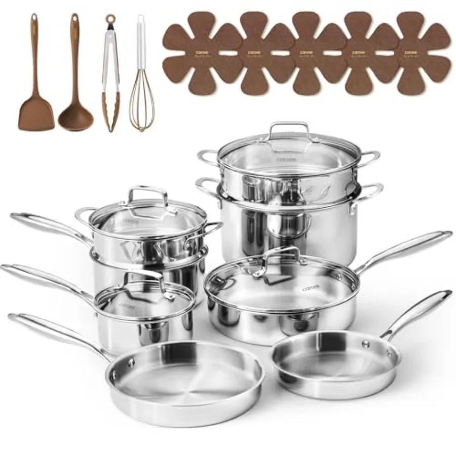 

21pcs Tri-Ply Stainless Steel Cookware Set, Pots and Pans Set, Non Toxic Induction Kitchen Cooking Sets, Cookware Collection, M