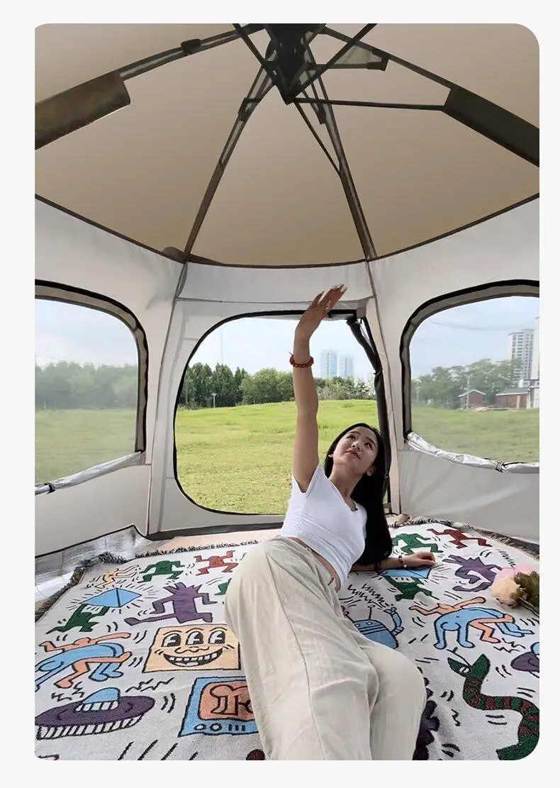 Hexagonal Silver-Glued Tent, Portable Camping Overnight Beach Automatic Breathable Thickened Waterproof Sunshade Quick Open