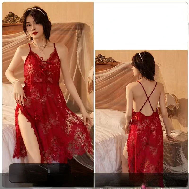 Sweet Sexy Pajamas Night Gowns Lace Ribbon Hollow Out Nightgowns Loungewear Women's Clothing Sexy Underwear See-through Clubs