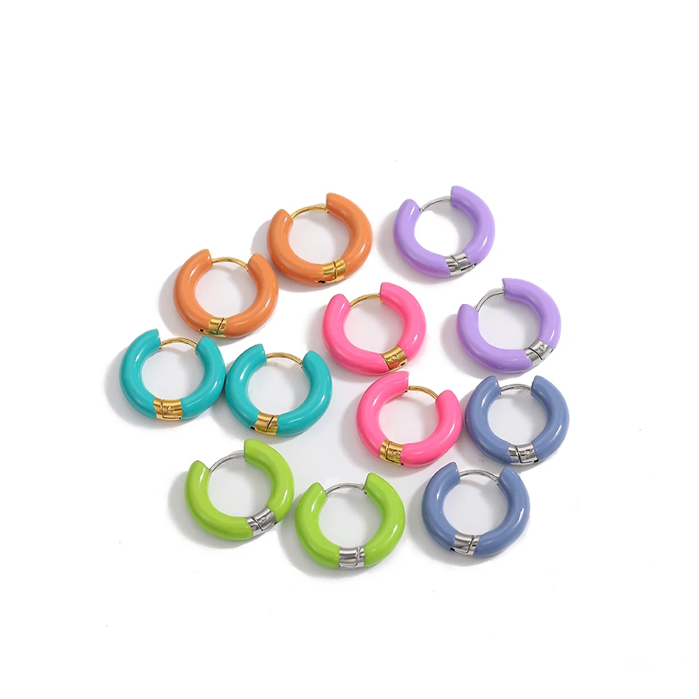 CARLIDANA INS Minimalist Colorful Enameled Hoop Earrings Stainless Steel Multi Colors Oil Dripping Huggie Earrings for Girls