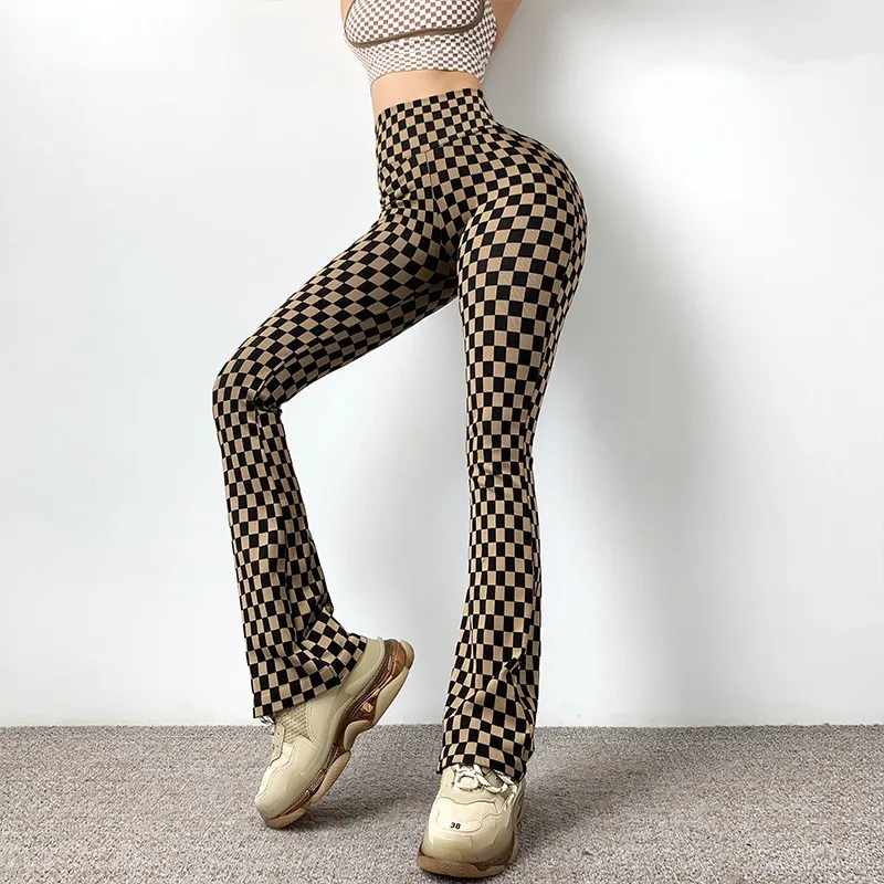 Daily Yoga Leggings Sport Women Fitness  Seamless Leggings Brown Lattice Flared Pants