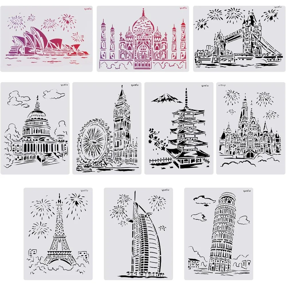 10 Styles A4 Cityscape Plastic Drawing Stencil Famous City Buildings Stencils City Scape Landscape Reusable Skyscraper Painting