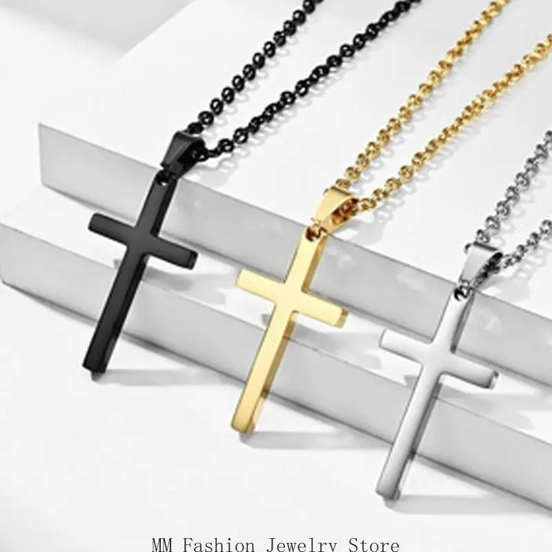 Chain Necklace with Bail-Mounted Inverted Cruciform Pendant, Black Inset Face and a Sharply Polished Border Outline D0UB