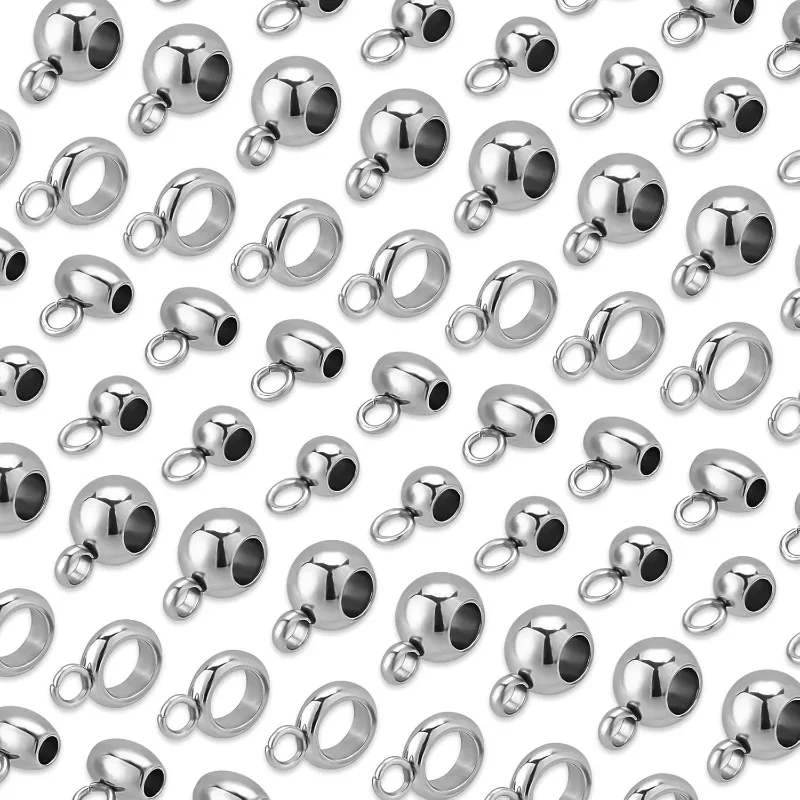 80pcs 304 Stainless Steel Bails Beads 4 Styles Roundelle Barrel Large Hole Hanger Links Connectors with Charm Loop for Snake