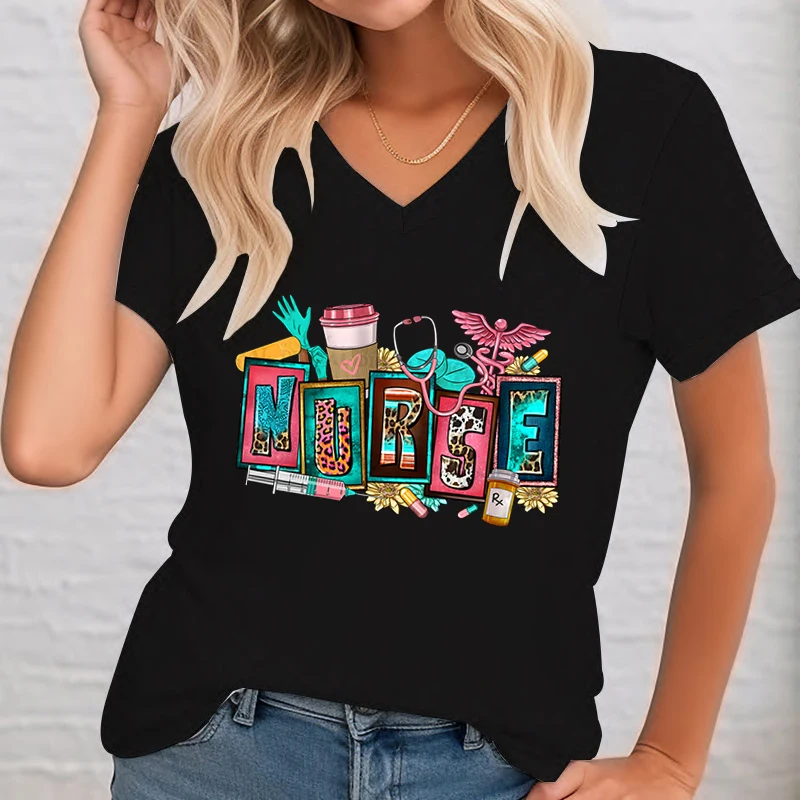 Leopard Nurse Graphic T Shirts V-Neck Aesthetic Women Clothes Tee Shirts Casual Short Sleeve All-match Female T-Shirts Tops