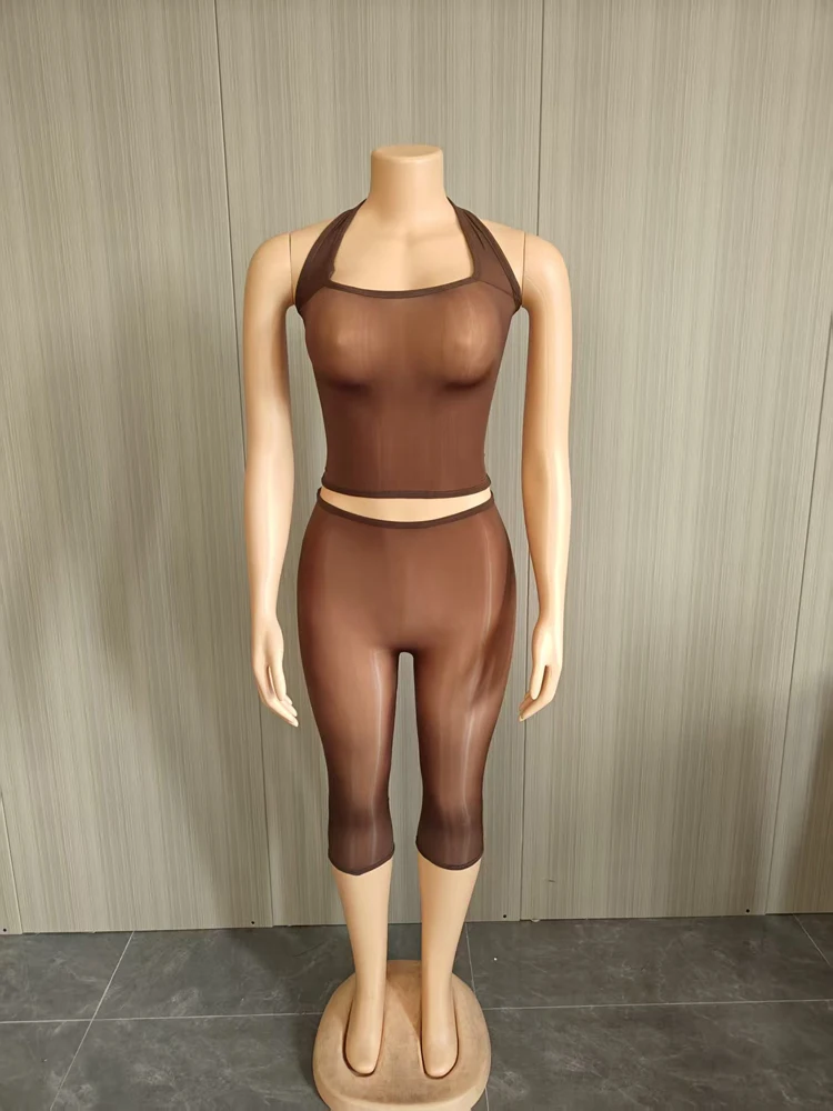 Sexy 2-teiliges Set aus transparentem Mesh: Neckholder-Crop-Top und Caprihose, durchsichtige, figurbetonte Damen-Outfits für den Clubbesuch. – Detail 5