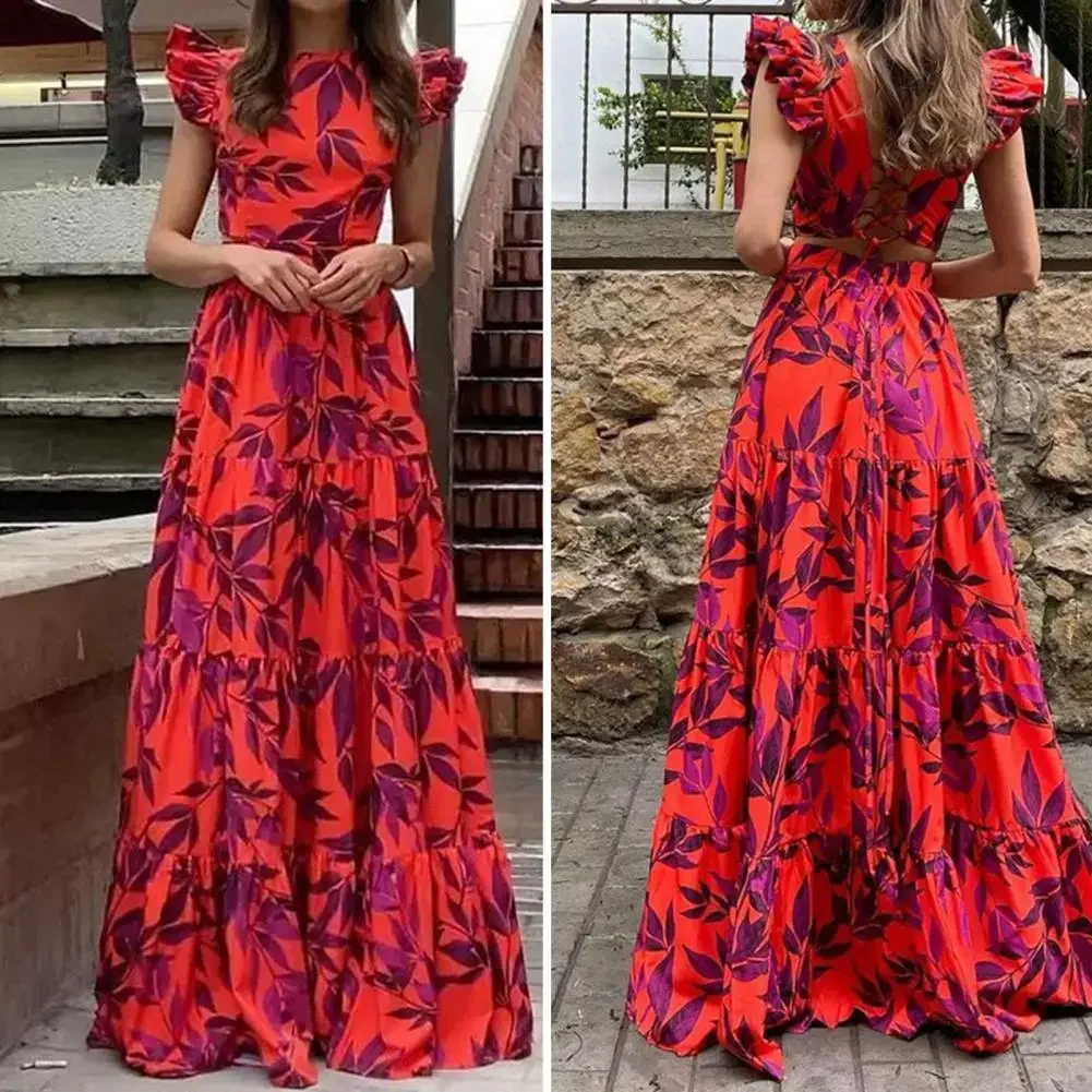 Women Dress O-neck Flying Sleeve Maxi Dress Leaves Printing High Waist Backless Long Dress Lace-up Ruffle Flowy Hem Loose Dress