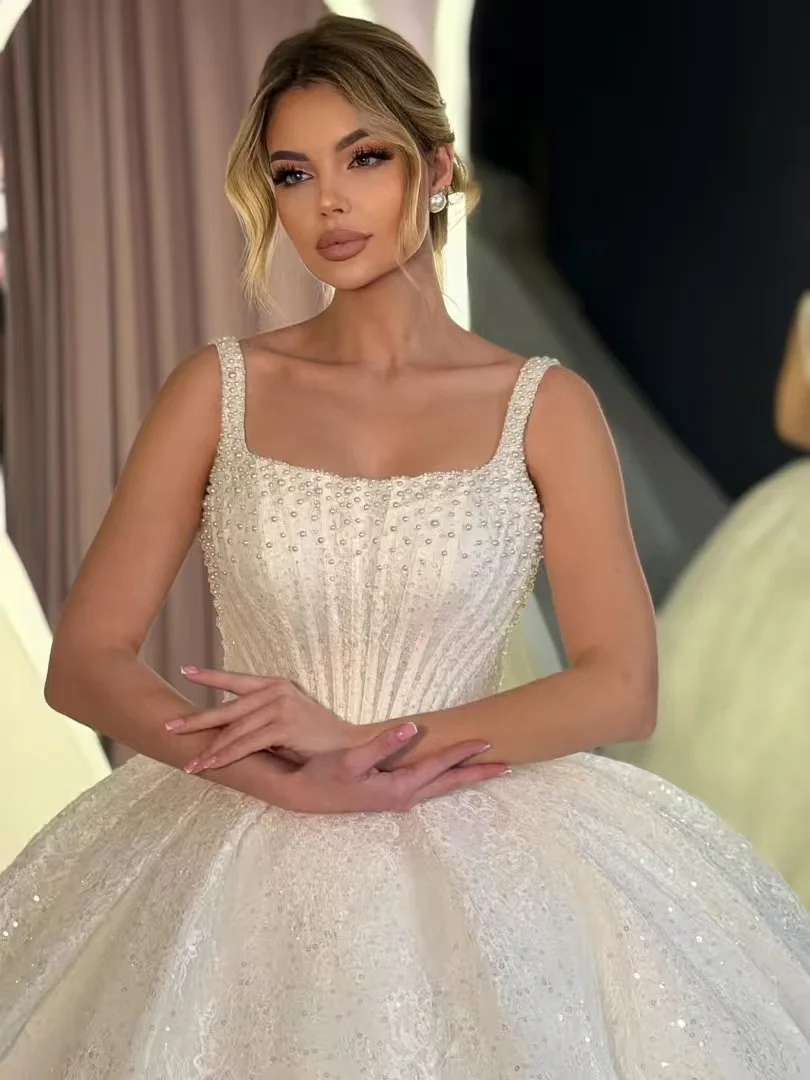 Luxurious Corset Wedding Dress Bead Ball Gown Sleeveless Square Collar Lace Appliques Customized Bride Dress Vestido De Novia