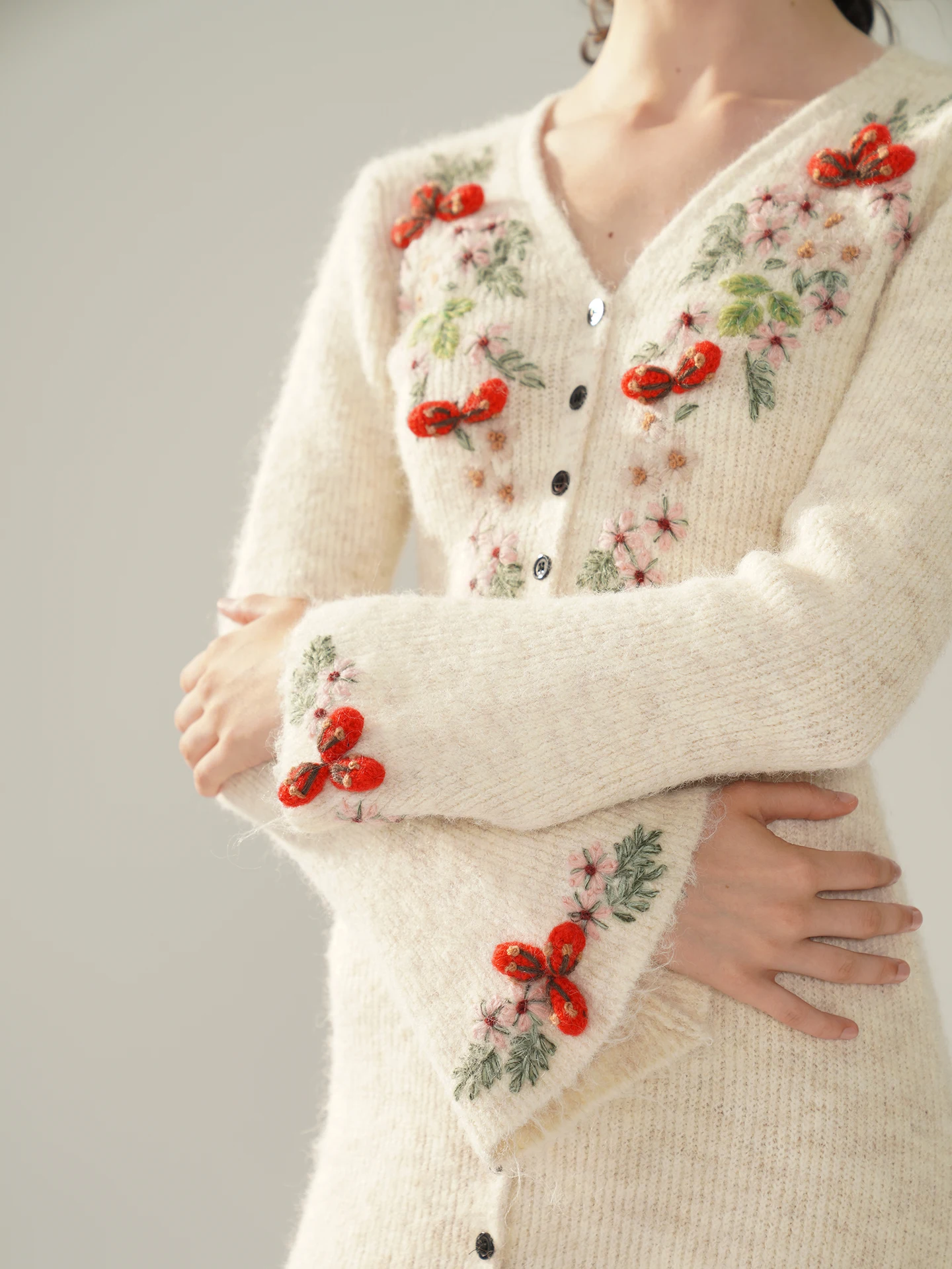 80-114cmBust FallWinter Cashmere Wool Dresses Women Vintage Elegant V-Neck Handmade Embroidery Cardigan Knitted Front Slit Dress