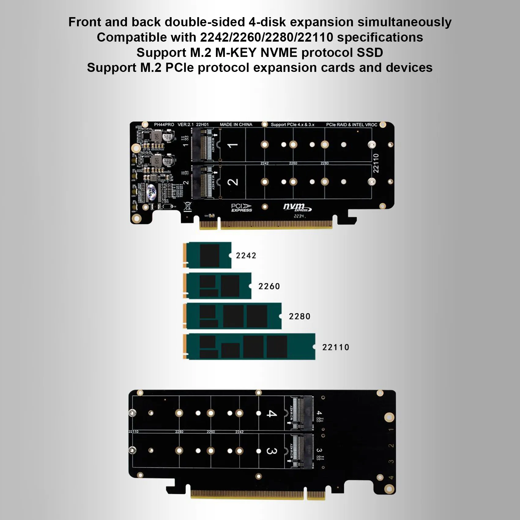 Pcie x16からm.2 m-key nvmex4 ssd 2uサーバーライザーカード、両面、4ディスク、nvme PCI-EX16分割カード