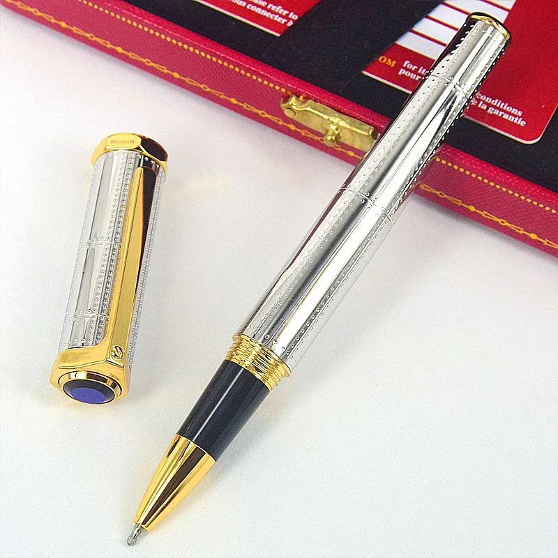 AGD Heptagon S-Dumont CT Rivet Joint Texture Luxury Silver Roller Ball Pen Golden Trim With Serial Number Writing Smooth