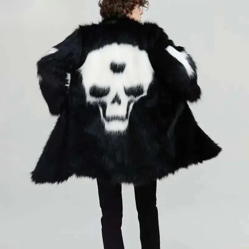 Men's Youth Personality Skull Pattern Faux Fur Windbreaker Plush Popular Fashion Creativity Comfortable Autumn Coat PKJU7
